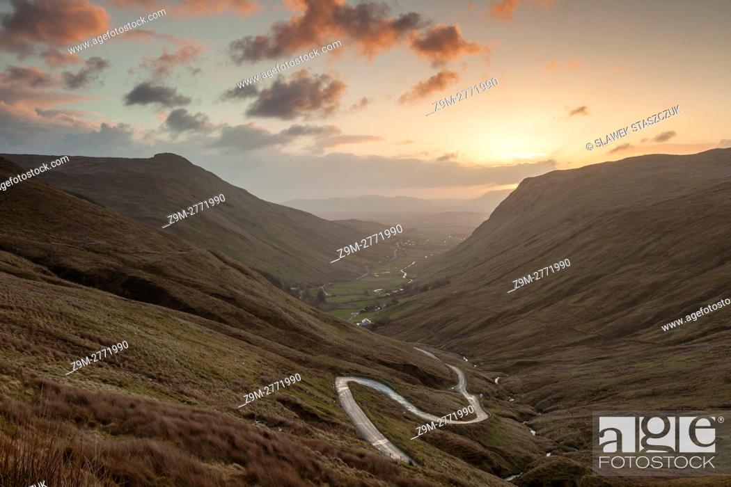 Stock Photo: Sunrise at Glengess Pass in county Donegal, Ireland.