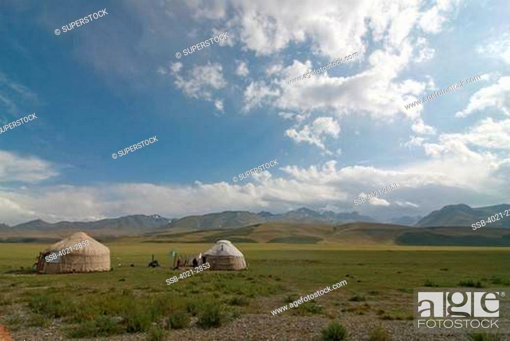 Stock Photo: Kyrgyzstan, Chuy Province, Yurt in bare landscape, between Sary Chelek and Bishkek.