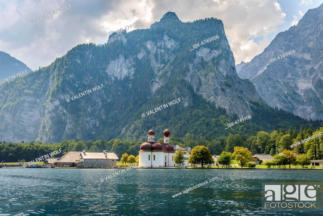 Stock Photo: St. Bartholomä at Lake Königssee in front of the Watzmann massif, Berchtesgaden National Park, Berchtesgadener Land, Upper Bavaria, Bavaria.