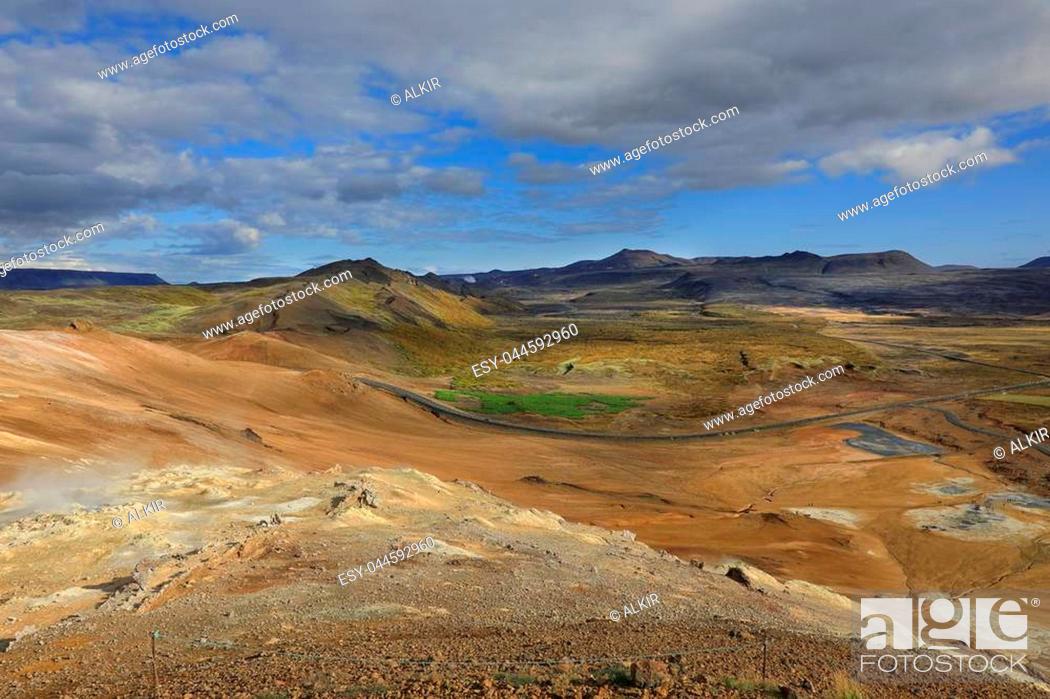 Stock Photo: View of steaming fumaroles in geothermal valley Hverir Namafjall in north Iceland.