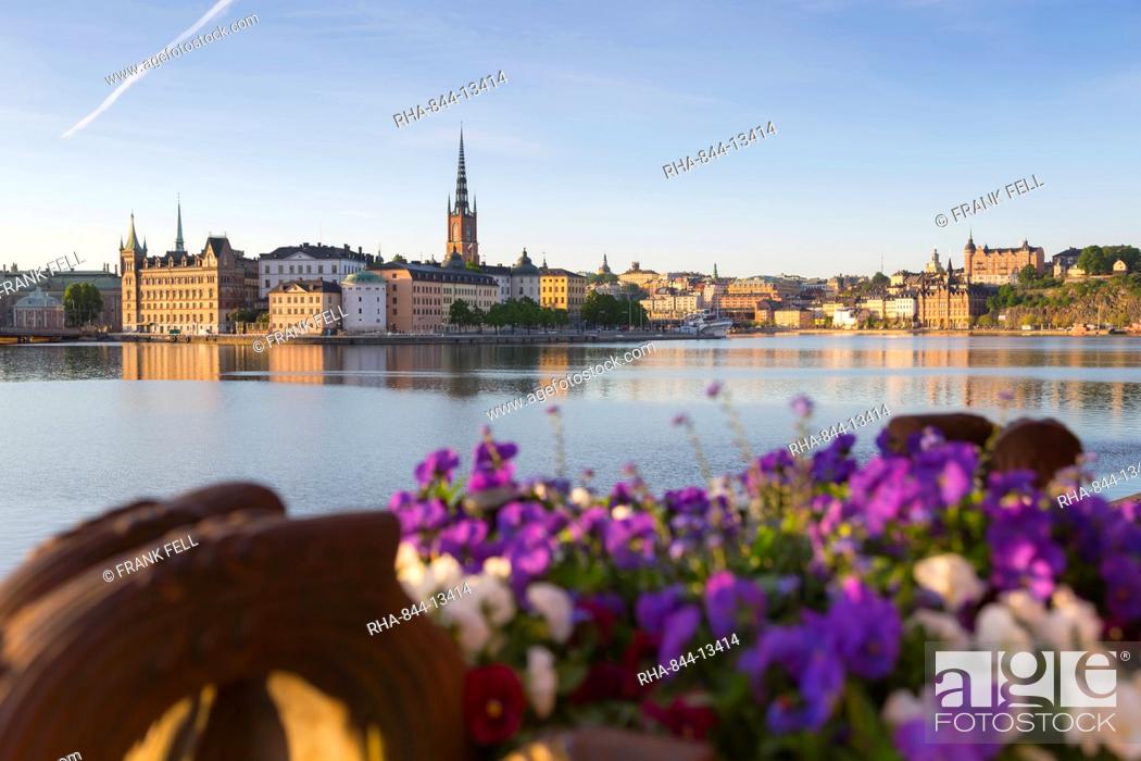 Stock Photo: View of Riddarholmen and Sodermalm at dawn from near Town Hall, Stockholm, Sweden, Scandinavia, Europe.