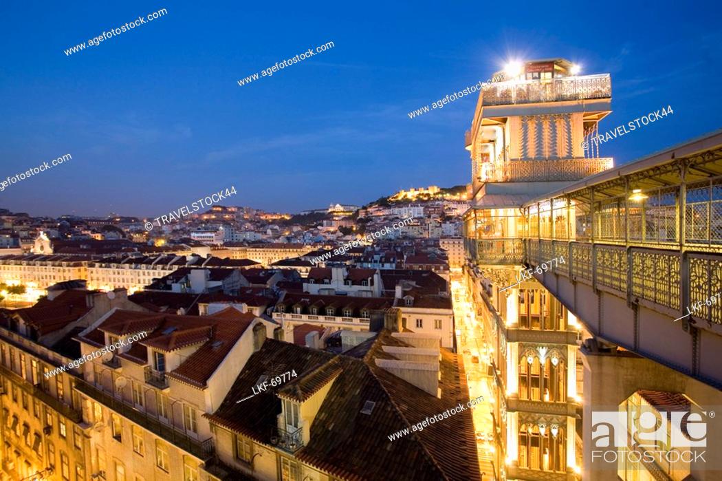 Stock Photo: Portugal, Lisbon, Portugal, Lisbon, Portugal, View from Elevator Santa Justa towords Castelo Sao Jorge at twilight.