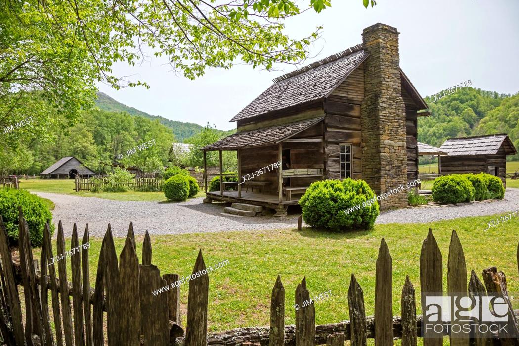 Stock Photo: Great Smoky Mountains National Park, North Carolina - The Mountain Farm Museum displays log farm buildings and agricultural practices from the 19th century.