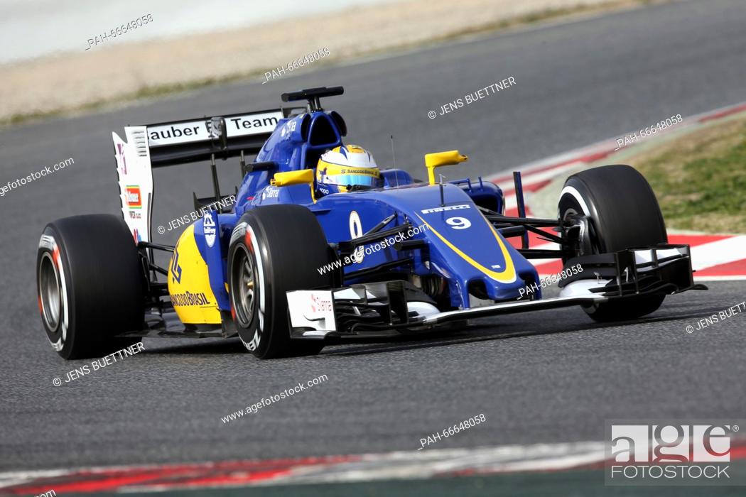 Stock Photo: Swedish Formula One driver Marcus Ericsson of Sauber steers the new car C35 during a training session for the upcoming Formula One season at the Circuit de.