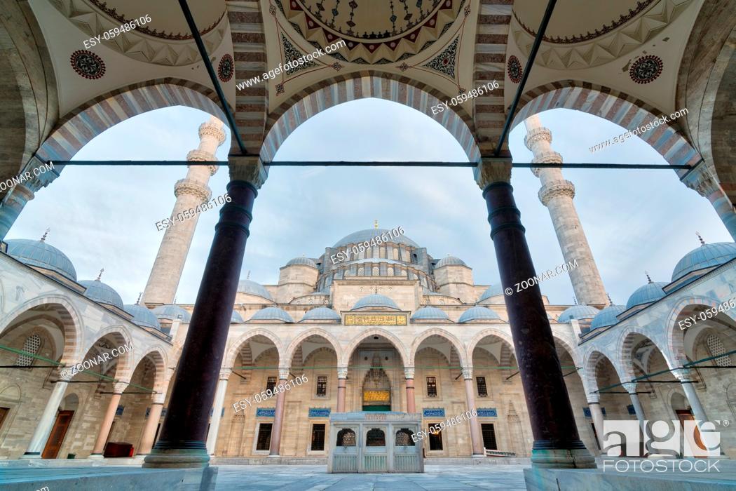 Stock Photo: Exterior low angle day shot of Suleymaniye Mosque, an Ottoman imperial mosque located on the Third Hill of Istanbul, Turkey.