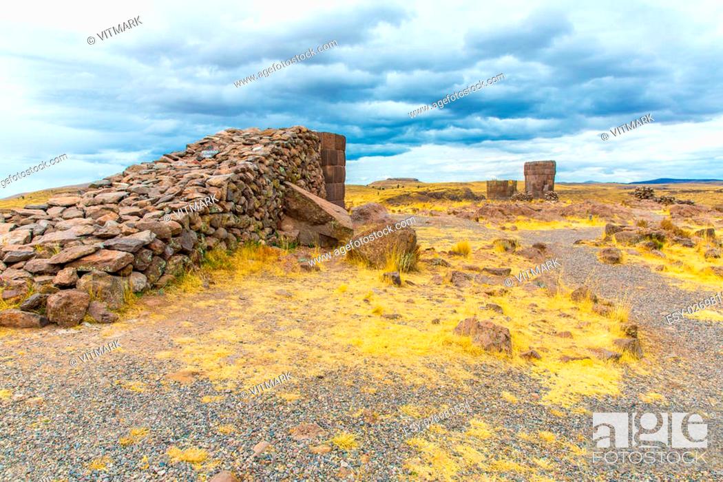 Stock Photo: Funerary towers in Sillustani, Peru, South America- Inca prehistoric ruins near Puno, Titicaca lake area.