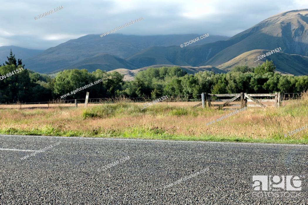 Stock Photo: asphalt road near pasture in summer day in New Zealand.