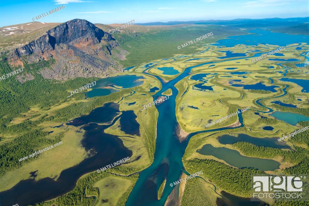 Stock Photo: View from a helicopter over Laitaure delta taken in the summer with nice sunny wather and Mount Skerfe in the photo, Jokkmokk county, Swedish Lapland, Sweden.