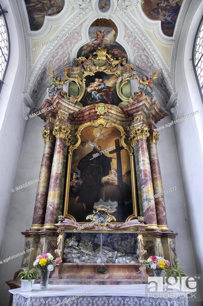 Stock Photo: St. Magnus Catholic Parish Church, altar in the Joseph Chapel with the bones of St. Constantine, Lenzfried, Kempten, Upper Bavaria, Bavaria, Germany, Europe.