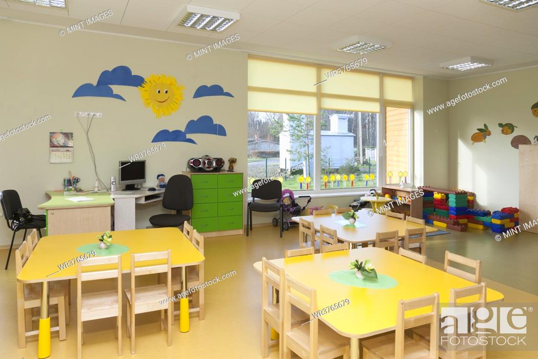 Stock Photo: Day care nursery or pre-school kindergarten school, spacious interiors, classroom.