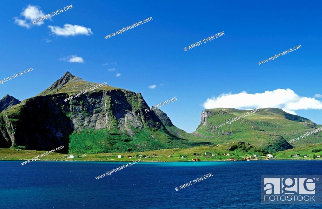 Stock Photo: Lake and Myrland mountains, Lofoten islands, Norway.