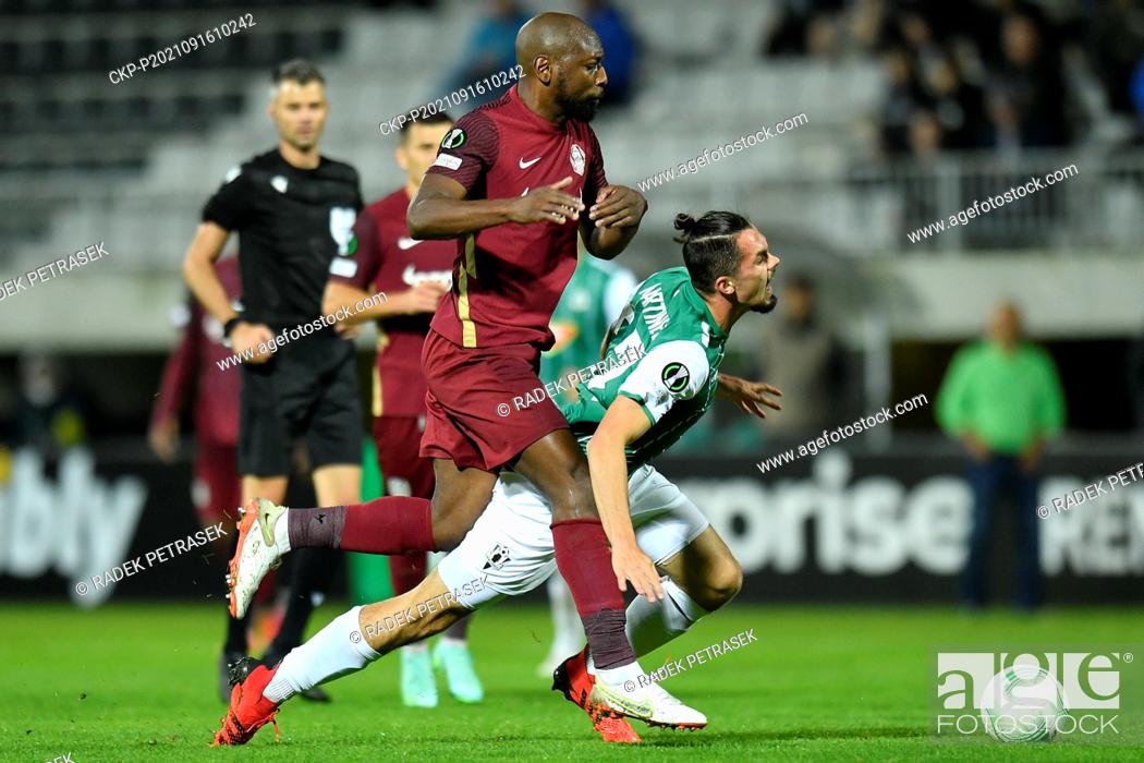 Stock Photo: From left Mike Cestor of Cluj and Jakub Martinec of Jablonec in action during the Football European Conference League, Group D.