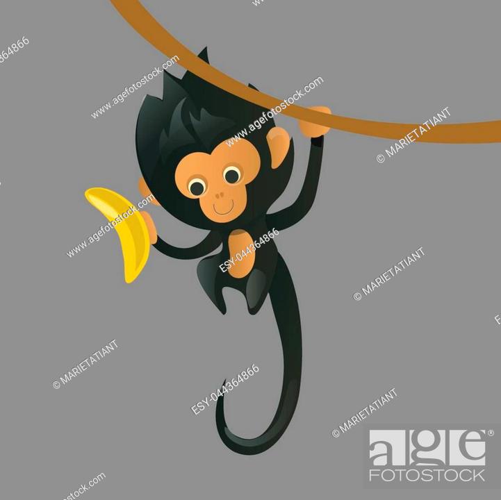 Vector: A cartoon monkey with a banana in his paw, hanging on a branch.