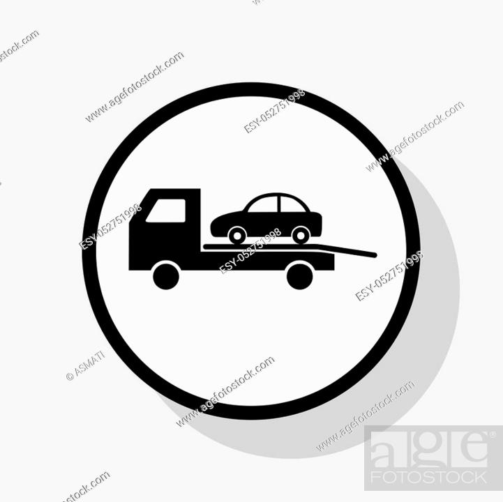 Stock Vector: Tow car evacuation sign. Vector. Flat black icon in white circle with shadow at gray background.