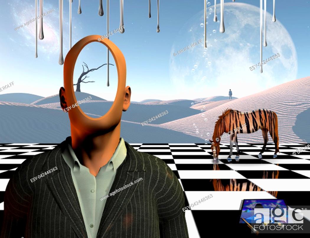 Stock Photo: Surrealism. Faceless businessman stands on chessboard. Lonely man in a distance. White sand dune. Striped horse like a tiger. Painting and brushes.