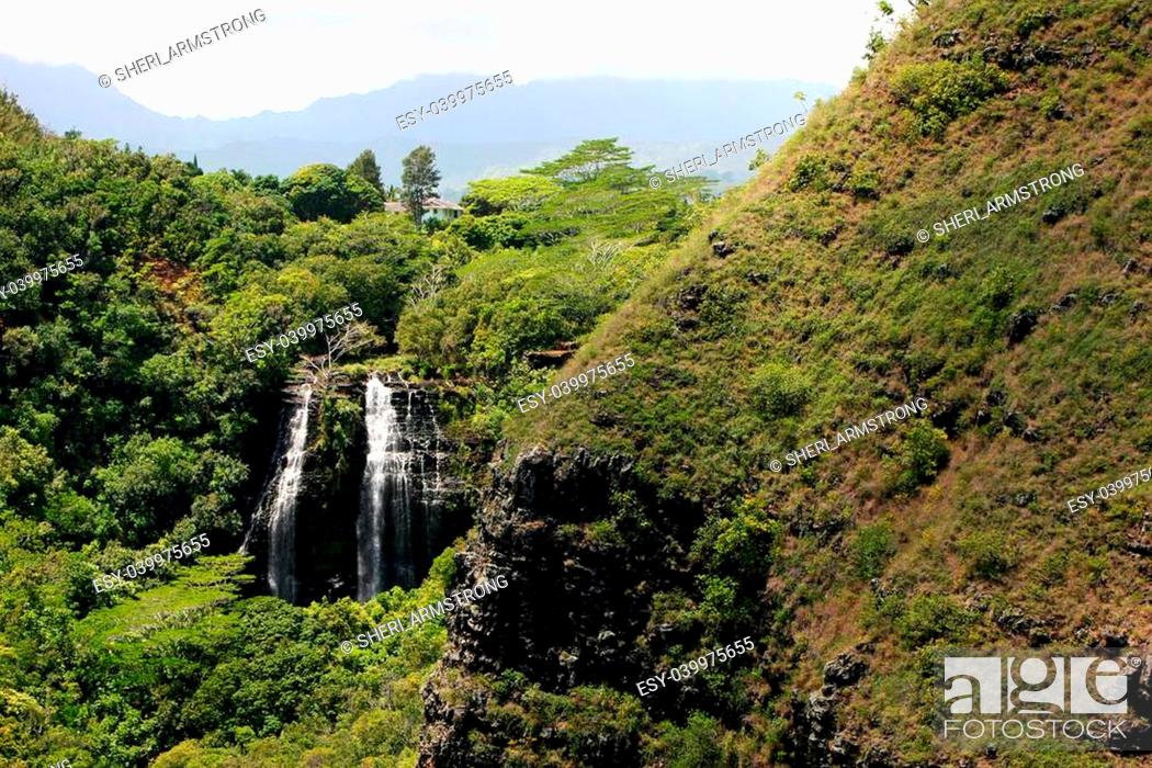 Stock Photo: Opaekaa Falls Majestic Mountain Waterfall Kauai Island.