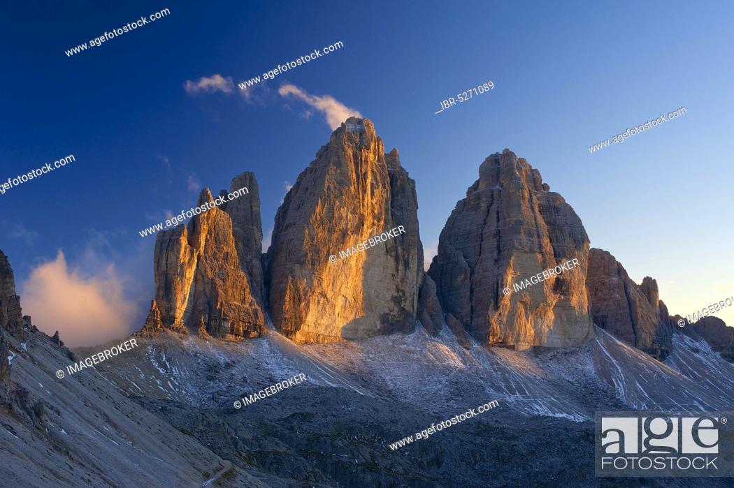Stock Photo: North faces of the Three Peaks, Sesto Dolomites, Trentino-South Tyrol, Italy, Europe.
