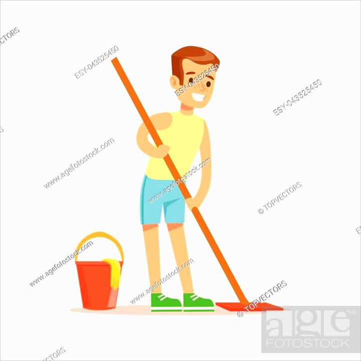 Boy Cleaning Floor With The Mop Smiling Cartoon Kid Character Helping With  Housekeeping And Doing..., Stock Vector, Vector And Low Budget Royalty Free  Image. Pic. ESY-043525450 | agefotostock