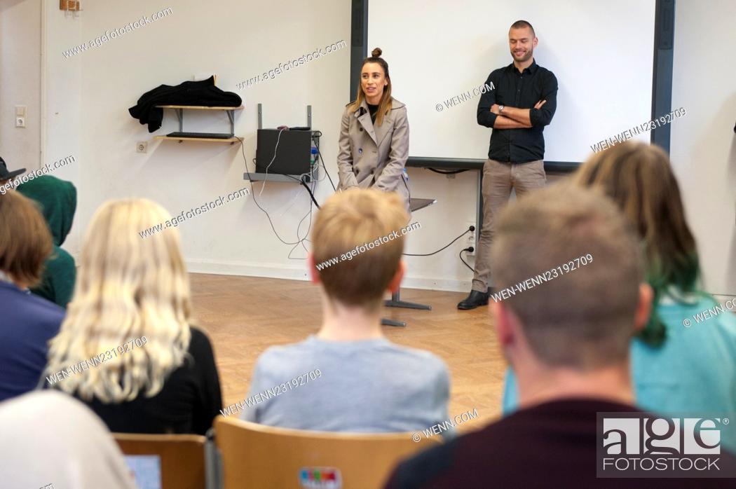 Stock Photo: Medina talks to kids at the Scandinavian school. After a Q&A she performs some songs at the school's gym. Featuring: Medina Where: Berlin.