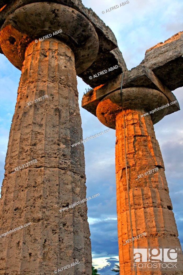 Stock Photo: doric columns, Temple of Hera, archaeological park, Paestum, Italy.