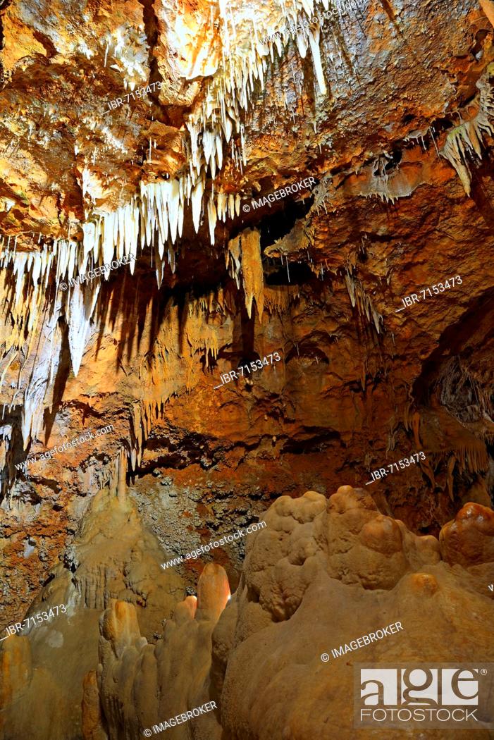 Stock Photo: Stalagmites and stalactites, St. Cezaire cave, Alpes-Maritimes department, Provence-Alpes-Côte d'Azur, France, Europe.