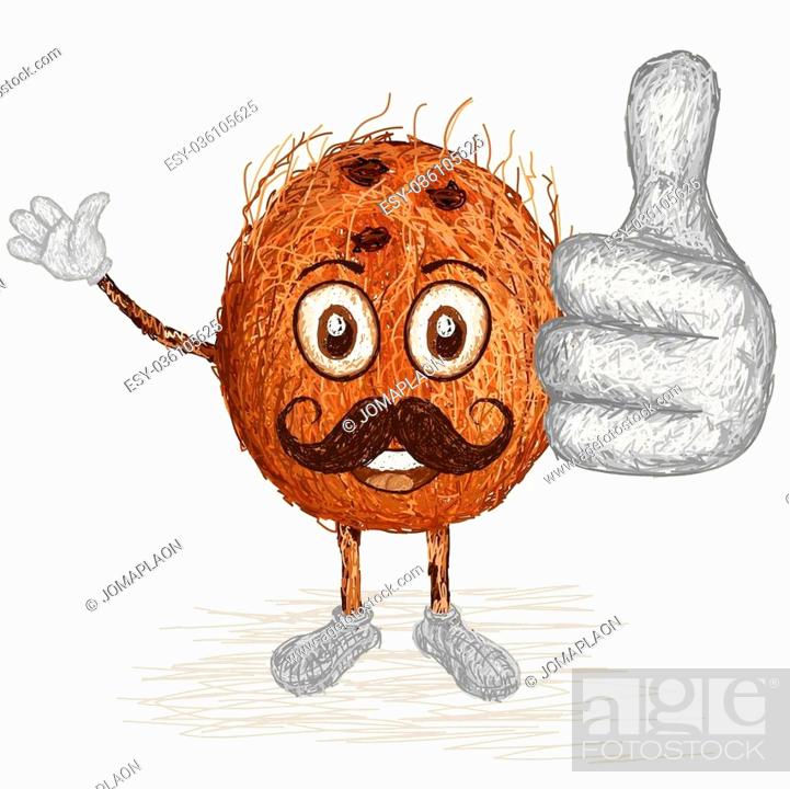 unique style illustration of funny, happy cartoon brown coconut unhusked  with mustache waving, Stock Vector, Vector And Low Budget Royalty Free  Image. Pic. ESY-036105625 | agefotostock