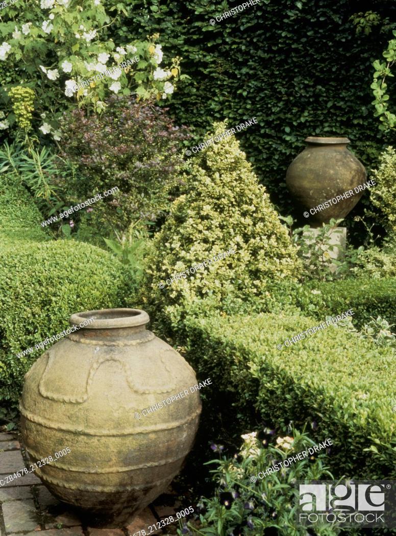 Stock Photo: A country garden densely planted with shrubs and trees with clipped topiary shrubs hedging and pots.