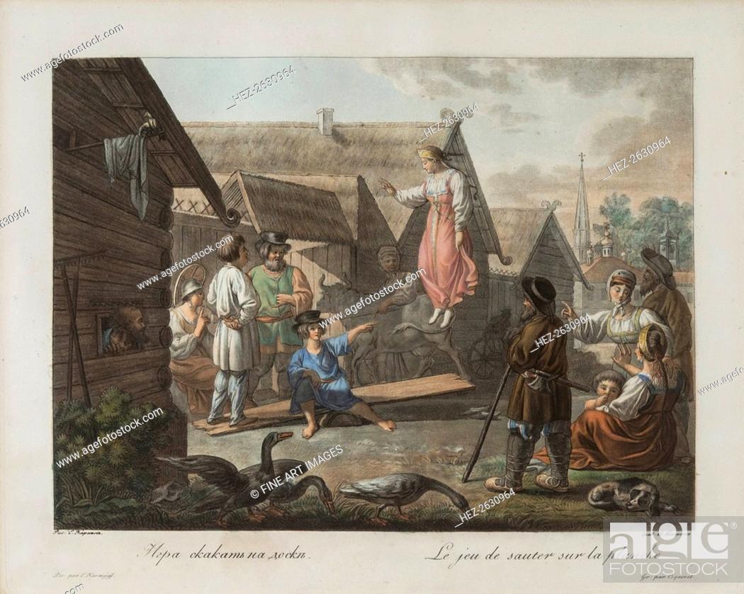 Stock Photo: Game of Jumping on a Board, ca 1812. Artist: Korneev (Karneev), Yemelyan Mikhaylovich (ca 1780-after 1839).