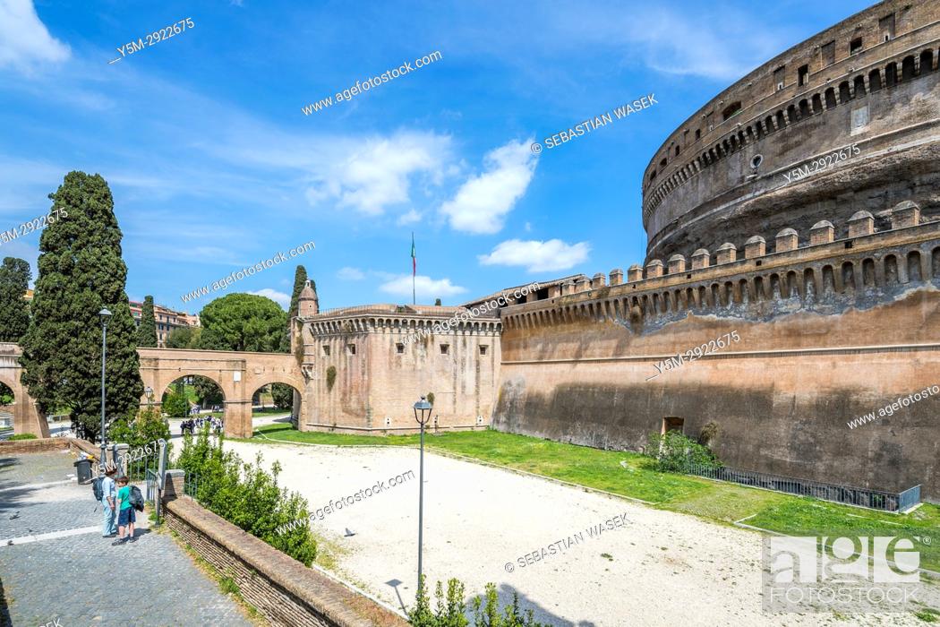 Stock Photo: The Mausoleum of Hadrian, usually known as Castel Sant'Angelo a towering cylindrical building in Parco Adriano, Rome, Lazio, Italy, Europe.