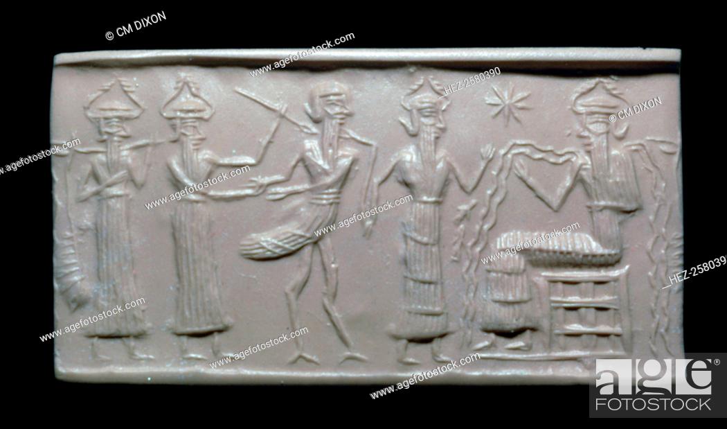 Stock Photo: Akkadian cylinder-seal impression, showing the water-god Ea on the right.