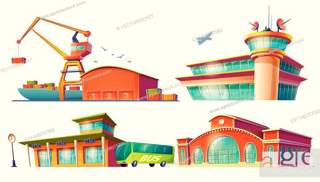 Set of colored 3d cartoon icons of bus station buildings, airport, sea or  river cargo port, dock, Stock Vector, Vector And Low Budget Royalty Free  Image. Pic. ESY-040757382 | agefotostock