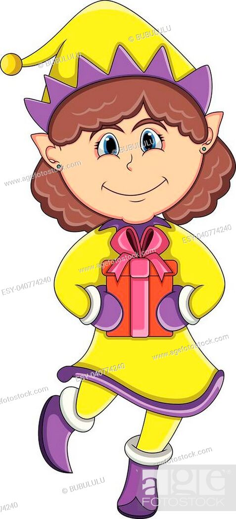 Christmas elf girl cartoon wearing skirt and blouse, bring a gift, Stock  Vector, Vector And Low Budget Royalty Free Image. Pic. ESY-040774240 |  agefotostock