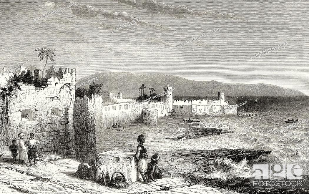 Stock Photo: Walls of Saint Jean d'Acre, Acre, Israel. Old 19th century engraved illustration Travel to Jerusalem by Alphonse de Lamartine from El Mundo en La Mano 1879.