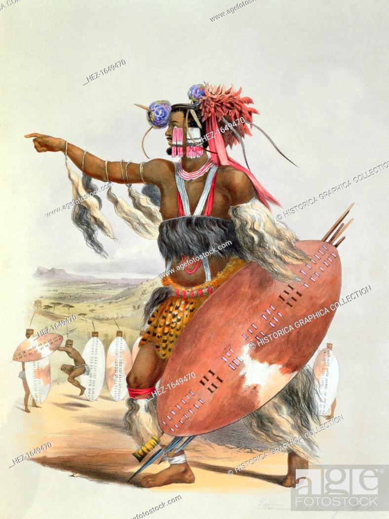 Stock Photo: Zulu warrior, Utimuni, nephew of Chaka the late Zulu king, 1849. Plate 13 from The Kafirs Illustrated by George French Angas.