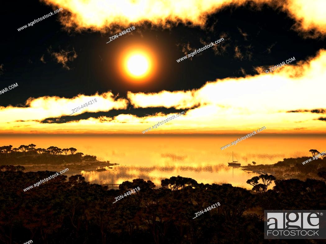 Stock Photo: Nice sunset over water and land.