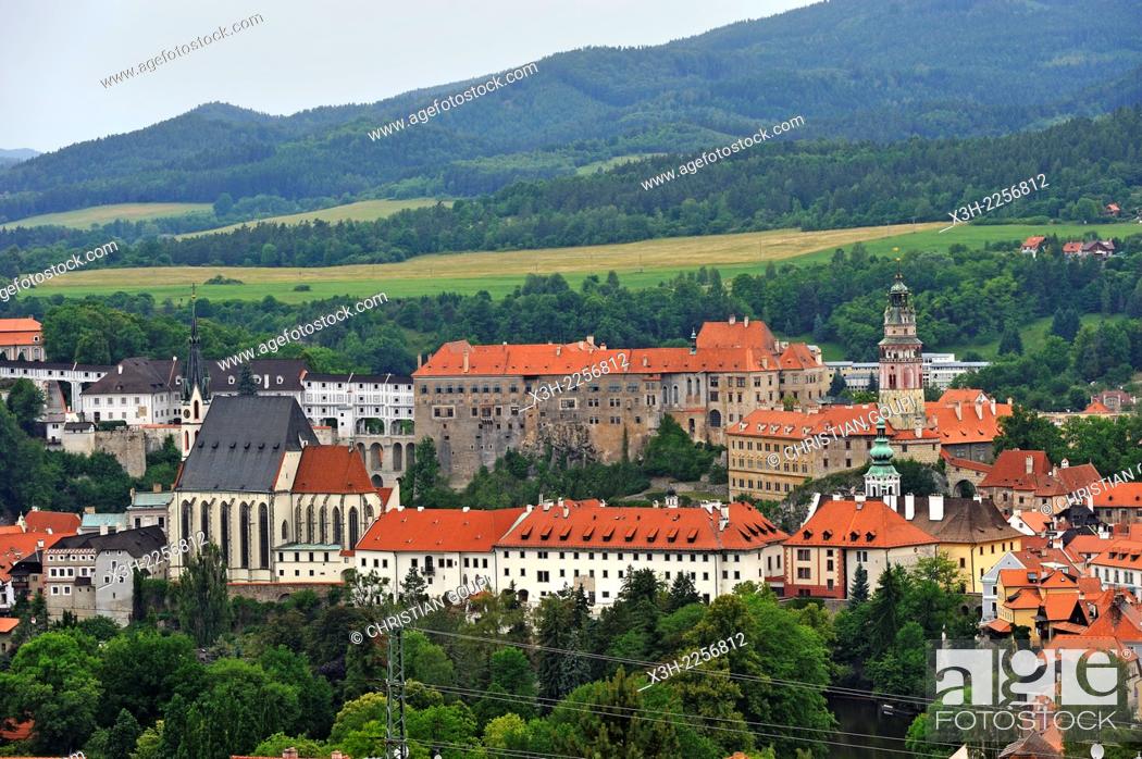 Stock Photo: view of the historic centre from the Mountain of the Cross near Cesky Krumlov, South Bohemia, Czech Republic, Europe.