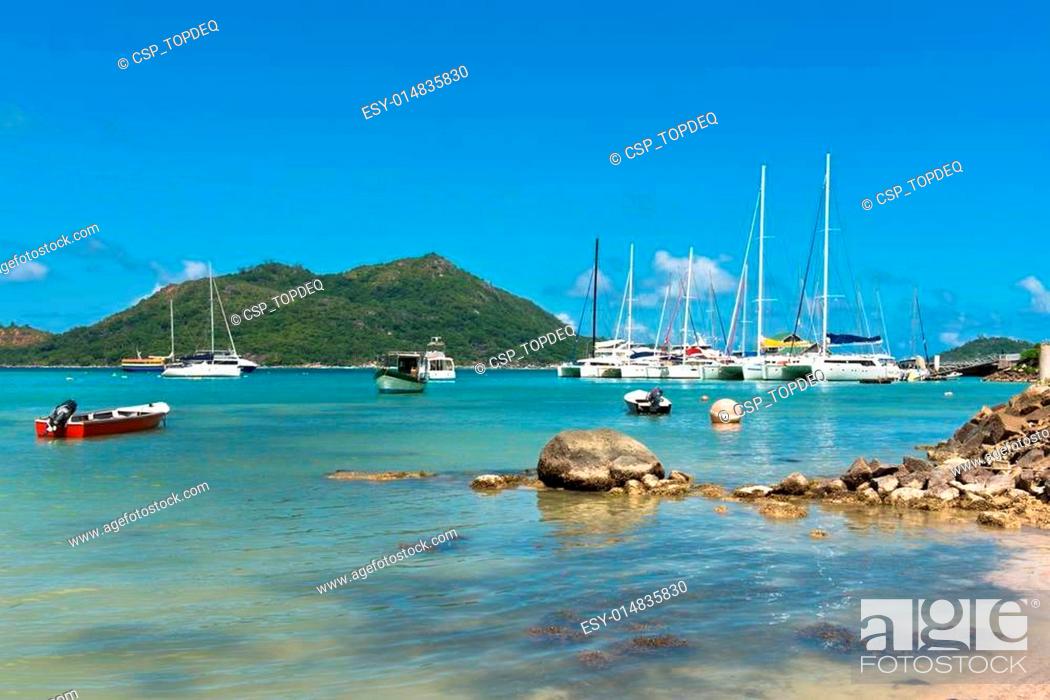 Stock Photo: Yachts Marina at Praslin island Seychelles.