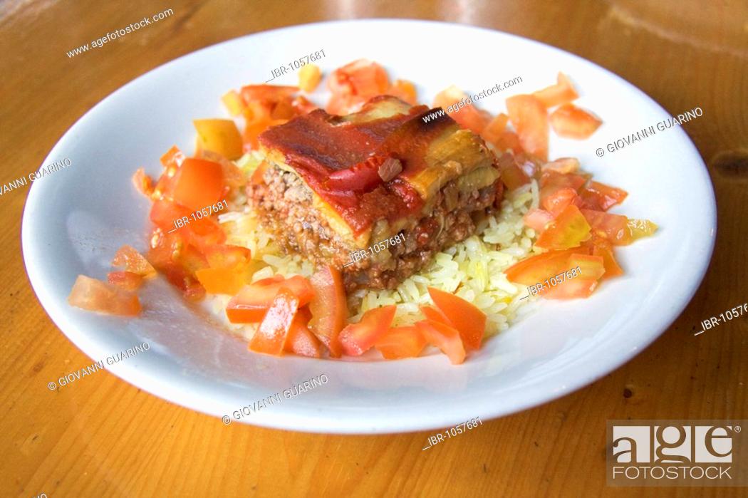 Stock Photo: Sultan's Delight, eggplant puree with cheese, Huenkar Begendi with pilaw rice, traditional Turkish recipe.