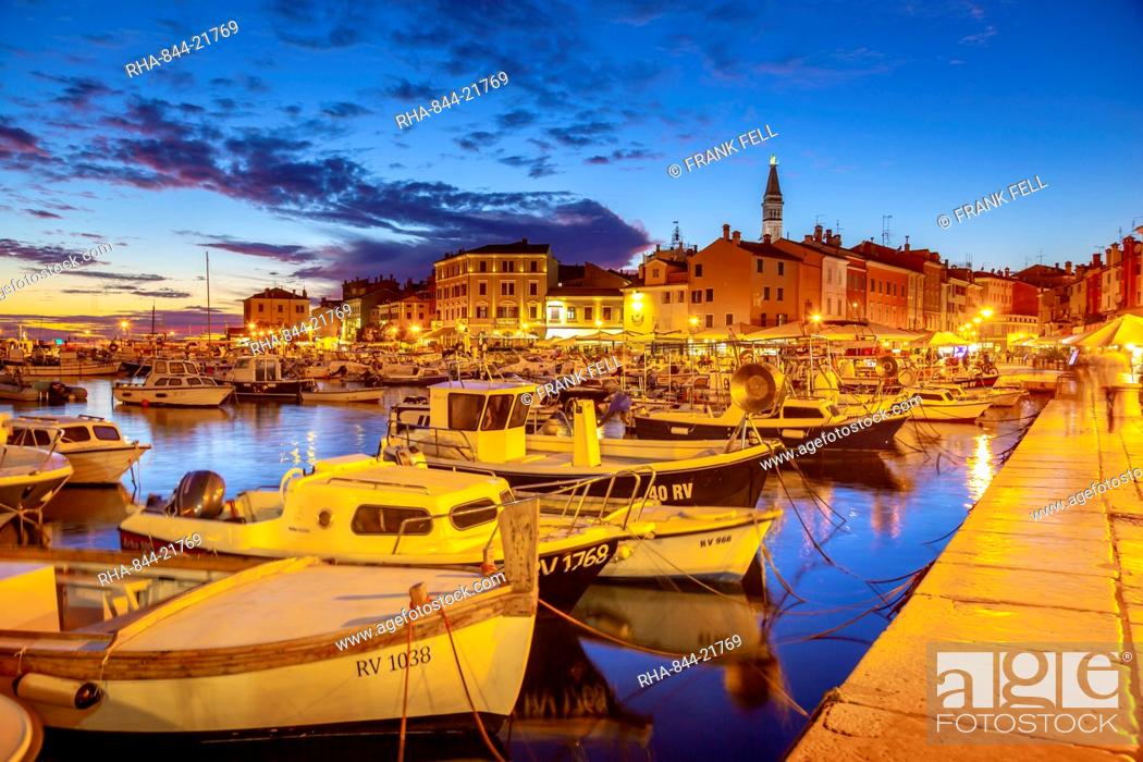 Stock Photo: View of harbour and the old town with the Cathedral of St. Euphemia at dusk, Rovinj, Istria, Croatia, Adriatic, Europe.