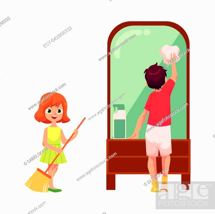 vector flat cartoon children cleaning home set. Young teen girl standing in  dress holding broom..., Stock Vector, Vector And Low Budget Royalty Free  Image. Pic. ESY-042868332 | agefotostock