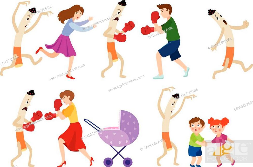 People fighting smoking habit, scared children and huge cigarette  frightening kids and running away, Stock Vector, Vector And Low Budget  Royalty Free Image. Pic. ESY-042765136 | agefotostock