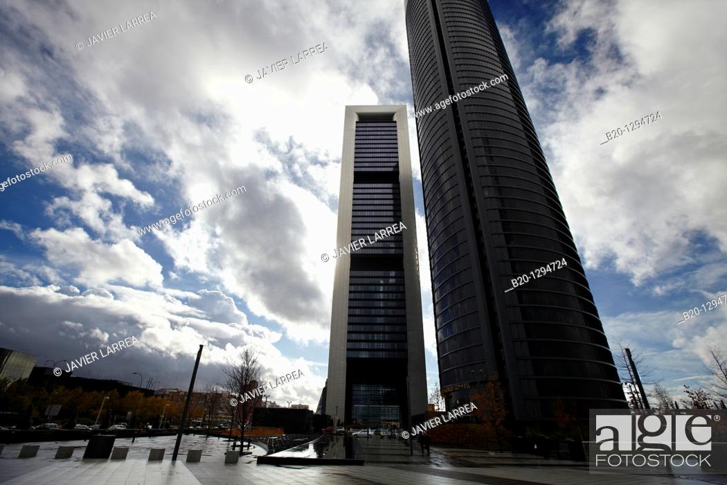 Stock Photo: Repsol Tower and Eurostars Madrid Tower Hotel, CTBA, Cuatro Torres Business Area, Madrid, Spain.