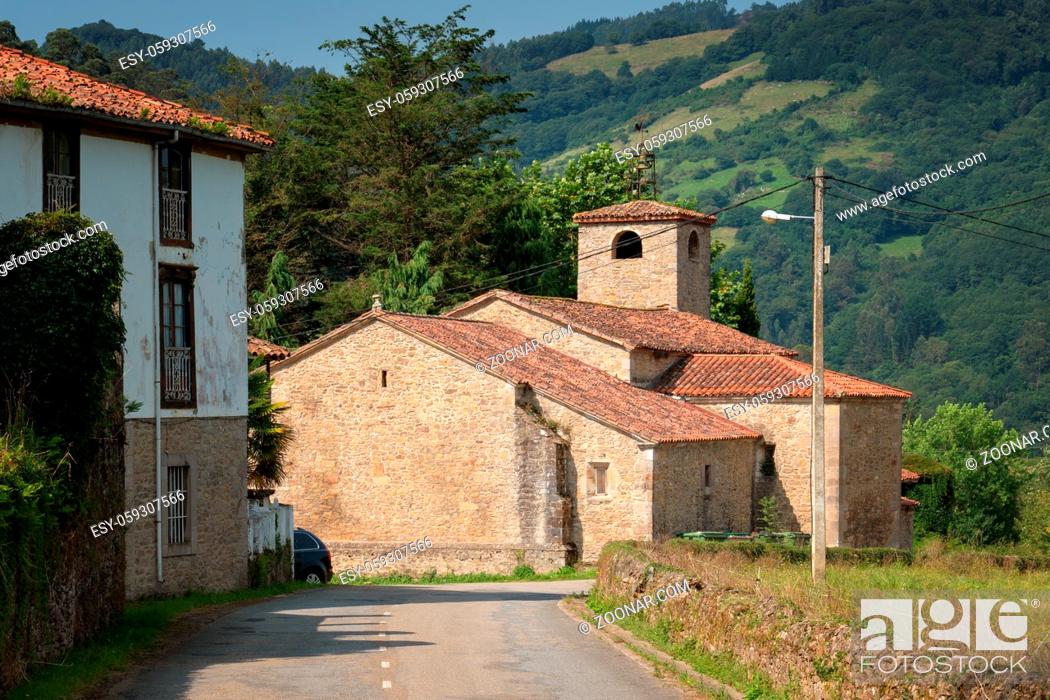 Stock Photo: Old church of Doriga, landmark on the Camino de Santiago trail between Grado and Salas, Asturias, Spain.