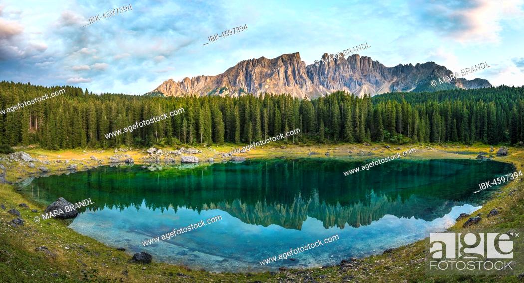 Stock Photo: Latemar Group reflected in the Lake of Carezza, Lago di Carezza, Mountain peaks Eastern Latemar Peak, Diamond Tower, Col Coron, Catfish furnace, Bolzano.