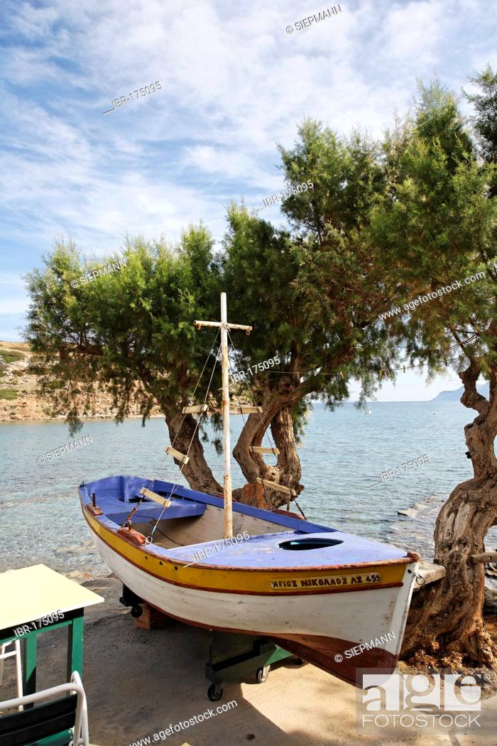 Stock Photo: Old fishing boat, tamarisks, Mochlos, Eastern Crete, Greece.