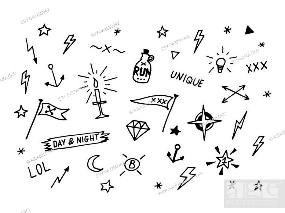 Set of hand drawn old school tattoo elements. Black and white, Stock  Vector, Vector And Low Budget Royalty Free Image. Pic. ESY-043280942 |  agefotostock