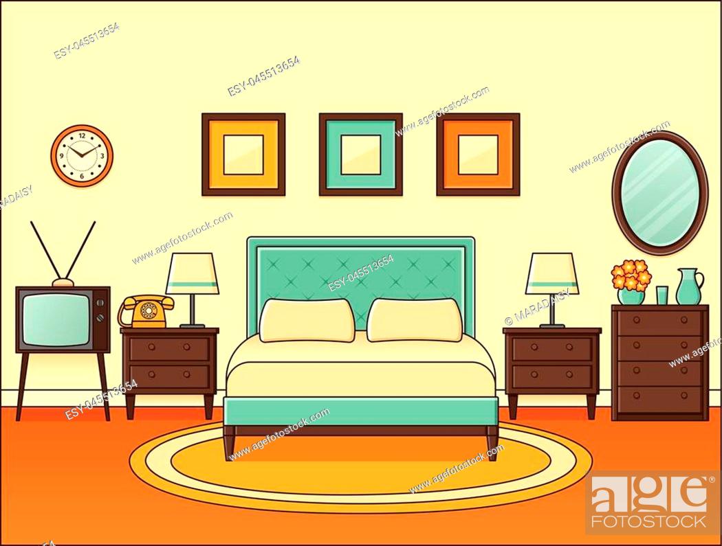 Room with double bed. Bedroom retro interior. Vector. Home space in flat  design, Stock Vector, Vector And Low Budget Royalty Free Image. Pic.  ESY-045513654 | agefotostock
