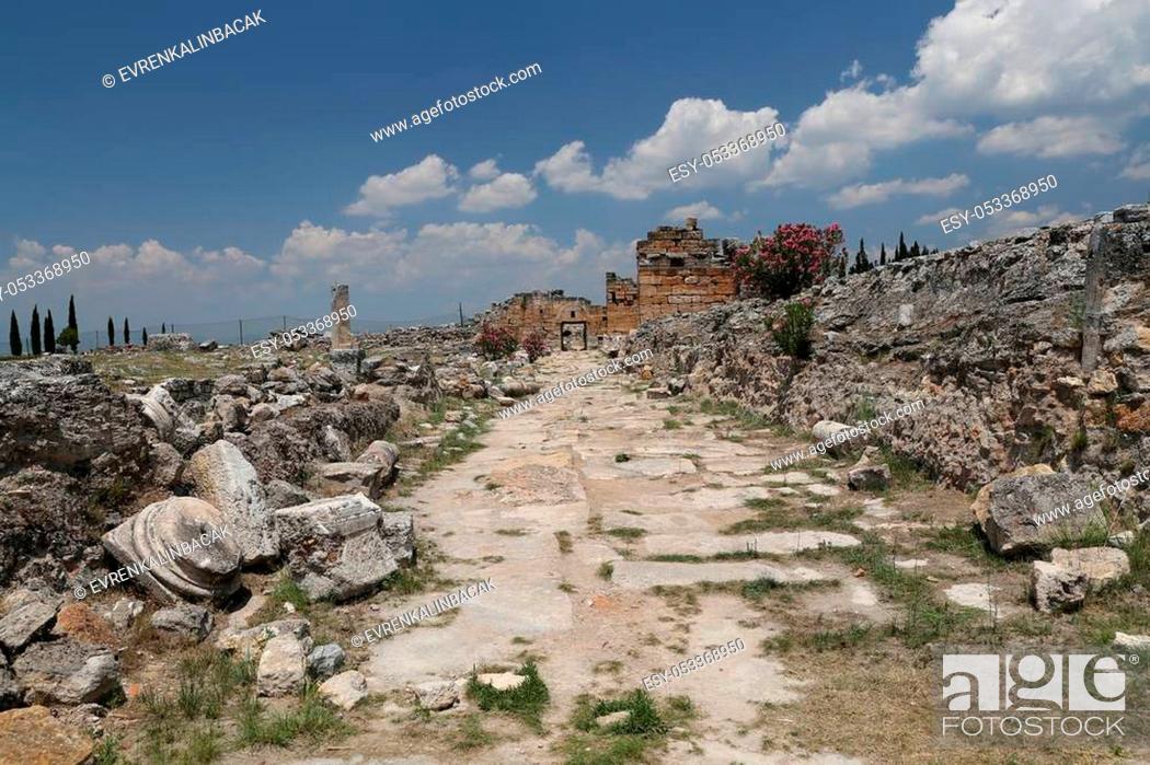 Stock Photo: Frontinus Street in Hierapolis Ancient City, Pamukkale, Turkey.