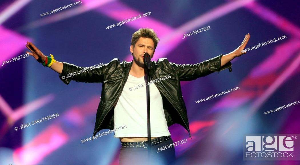 Stock Photo: Singer Andrius Pojavis presenting Lithuania performing during the Grand Final of the Eurovision Song Contest 2013 in Malmo, Sweden, 18 May 2013.
