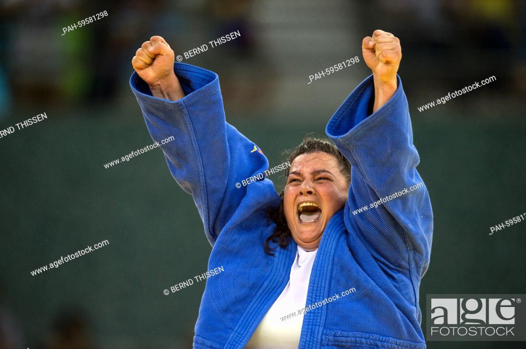 Stock Photo: Belkis Kaya of Turkey celebrates in the Women's +78kg Bronze Medal Final at the Baku 2015 European Games in Heydar Aliyev Arena in Baku, Azerbaijan.
